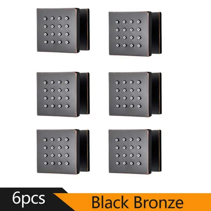 Black bronze square cabinet knobs with circular indentations for decorbites shower massage jets bathroom spa experience