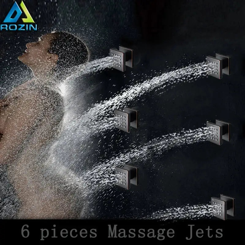 Six sleek matte black rectangular decorbites shower massage jets designed for a luxurious bathroom spa experience