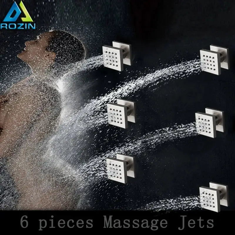 DecorBites™ 6-piece chrome-finished square shower massage jets with perforated grids for an enhanced bathroom spa experience