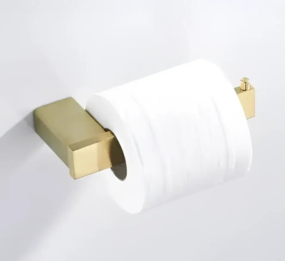 Gold-toned rectangular toilet paper holder from decorbites brushed nickel bathroom accessories set with modern design