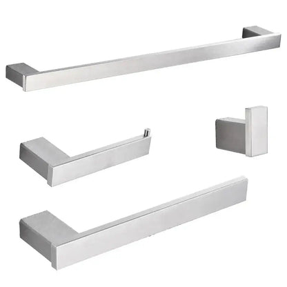 Modern brushed nickel bathroom accessories set by DecorBites featuring sleek rectangular bars and a toilet paper holder