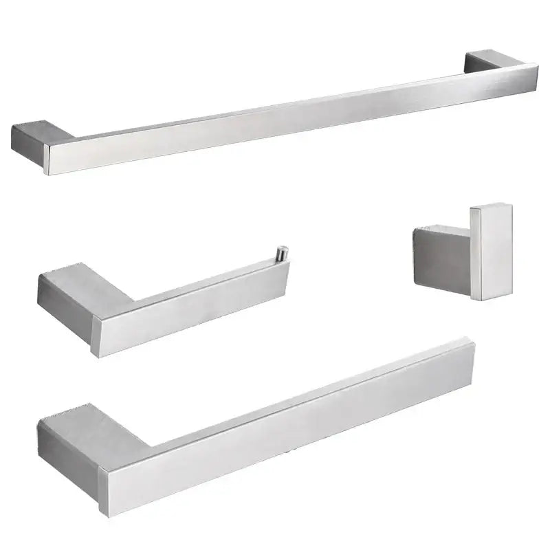 Modern brushed nickel bathroom accessories set by DecorBites featuring sleek rectangular bars and a toilet paper holder