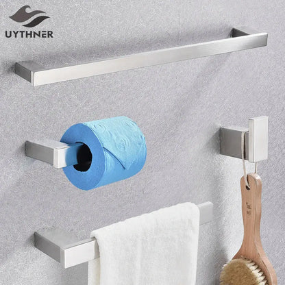 Silver stainless steel bathroom towel rack with integrated toilet paper holder and hook in brushed nickel bathroom accessories set