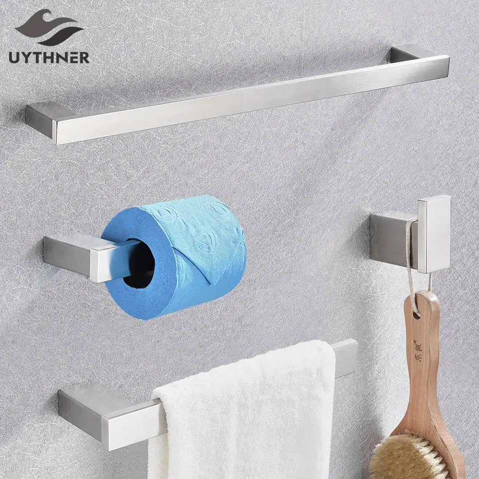 Silver stainless steel bathroom towel rack with integrated toilet paper holder and hook in brushed nickel bathroom accessories set