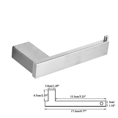 Stainless steel toilet paper holder with a sleek modern rectangular design in brushed nickel bathroom accessories set