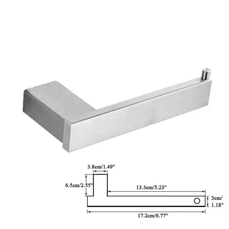 Stainless steel toilet paper holder with a sleek modern rectangular design in brushed nickel bathroom accessories set