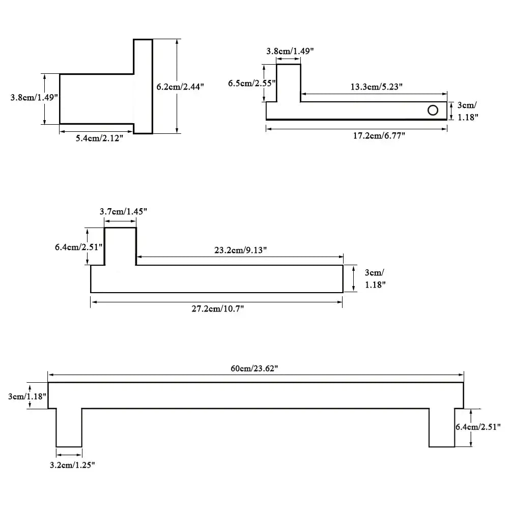 Technical drawing of brushed nickel bathroom accessories pipe fittings with precise dimensions in centimeters and inches