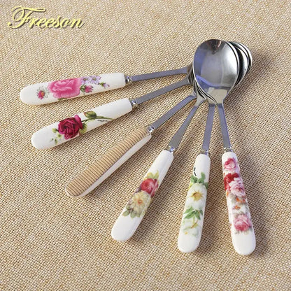 Set of five decorbites™ coffee spoons with floral ceramic handles and stainless steel bowls in european bone china