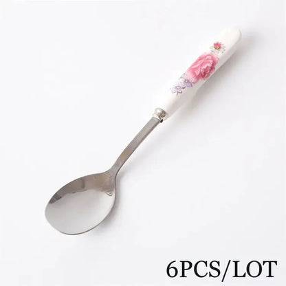 Decorbites™ 6-piece coffee spoon set with porcelain handles featuring pink rose design and stainless steel bowls