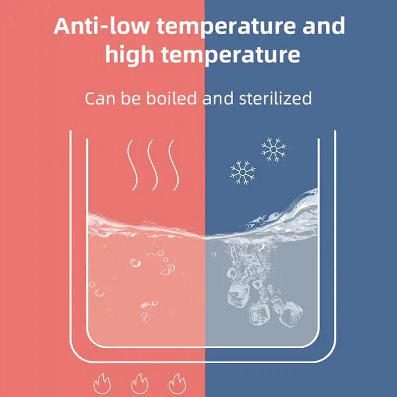 Dual-sided graphic on decorbites™ silicone straws set shows pink steam and blue snowflakes for temperature resistance
