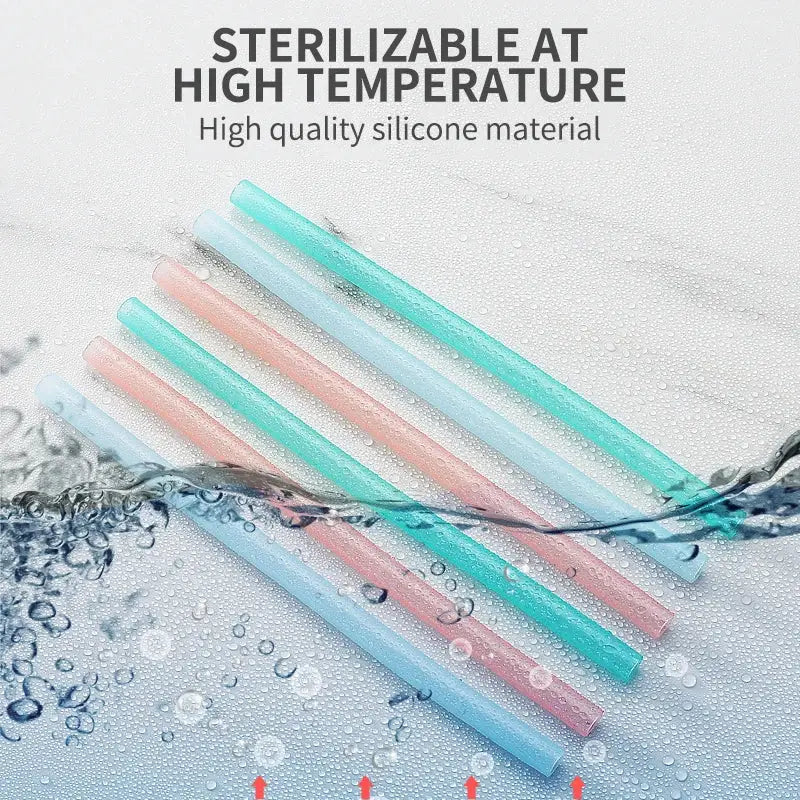 Decorbites™ 6-piece reusable silicone straws set in pastel pink teal and blue with cleaning brush eco-friendly silicone straws