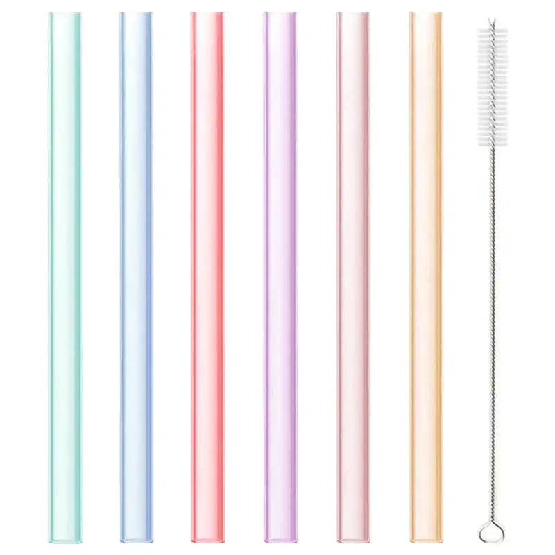 Set of six pastel-colored reusable silicone straws with matching metal cleaning brush from decorbites silicone straws set