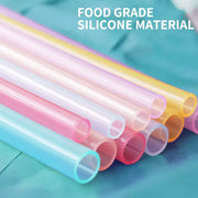 Decorbites™ 6-piece reusable silicone straws set with pastel pink yellow blue and white translucent silicone straws and brush