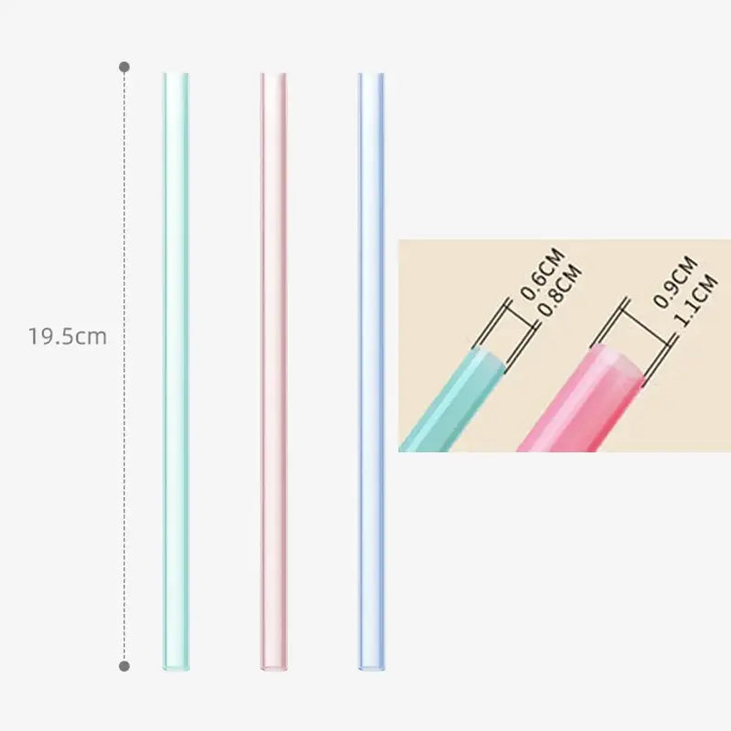 Three translucent pastel silicone straws in mint green pink and light blue from DecorBites reusable silicone straws set