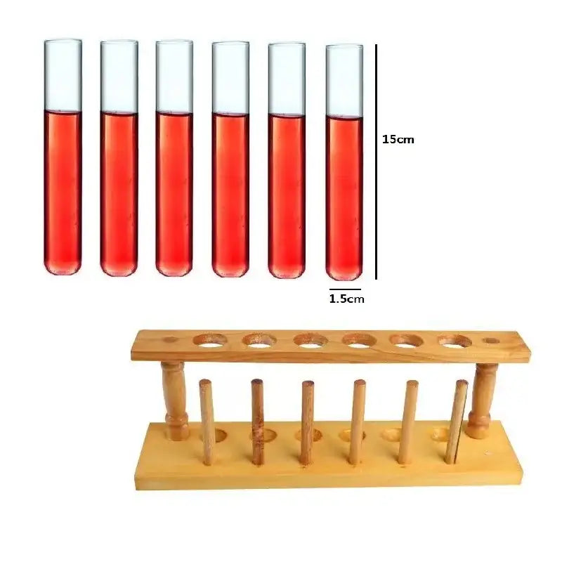 Set of six clear glass test tube cocktail glasses filled with red liquid in a wooden rack for laboratory use