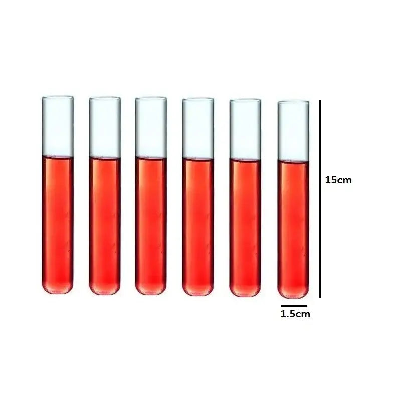 Six clear glass test tubes filled with red liquid in decorbites™ test tube cocktail glass set with free rack stand