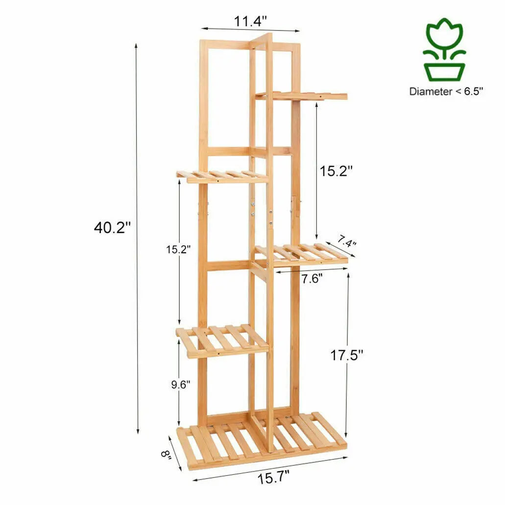 Light-colored bamboo plant stand with six slatted shelves for indoor and outdoor display by DecorBites™