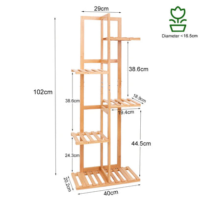 DecorBites 6-tier bamboo plant stand in light wood with five slatted shelves for indoor and outdoor display