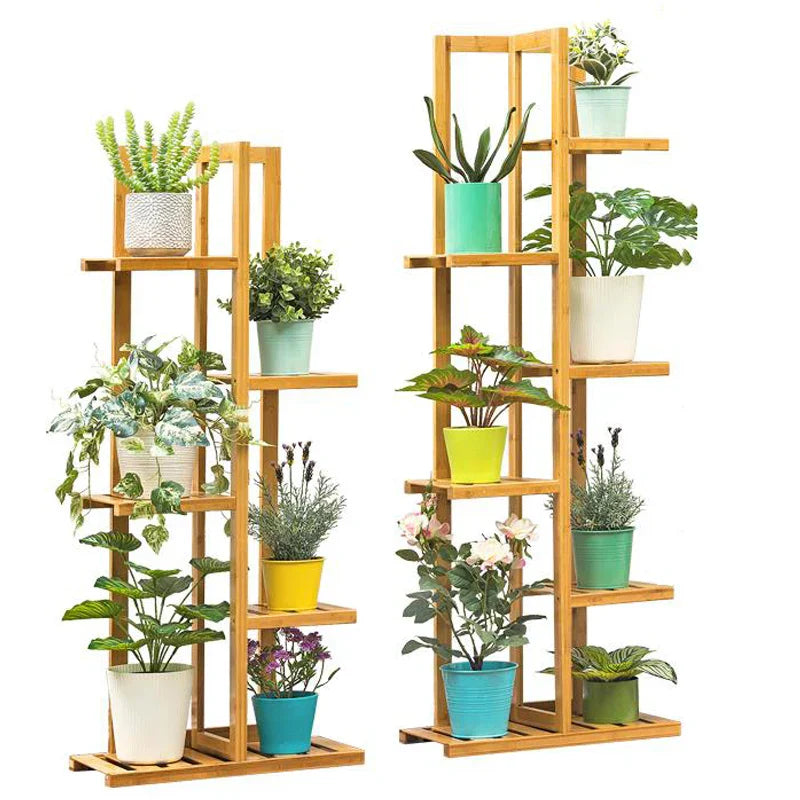 Light brown bamboo plant stand with six tiers holding colorful potted plants for indoor and outdoor display