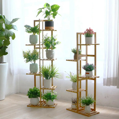 Decorbites 6-tier tall light-brown bamboo plant stand with slatted shelves for indoor and outdoor display
