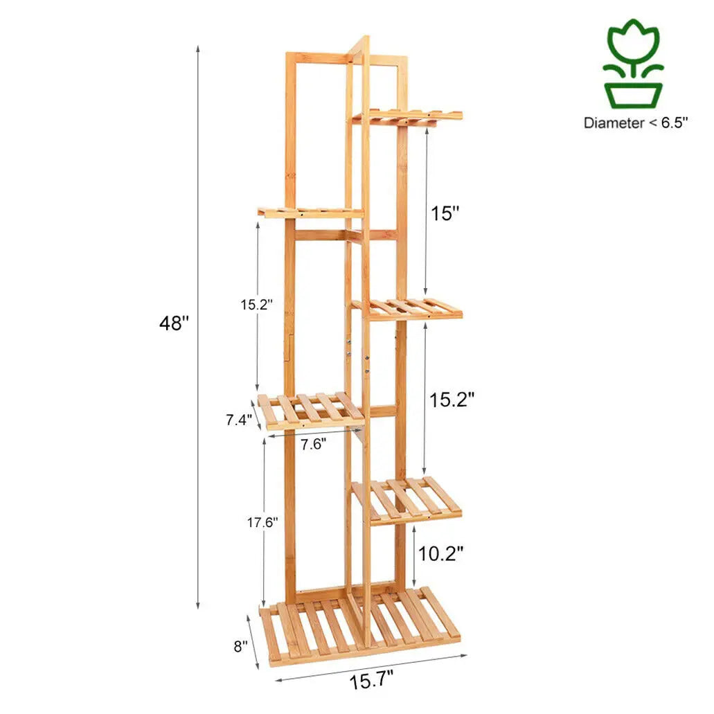 Tall light-brown decorbites 6-tier bamboo plant stand with multiple slatted shelves for indoor outdoor display