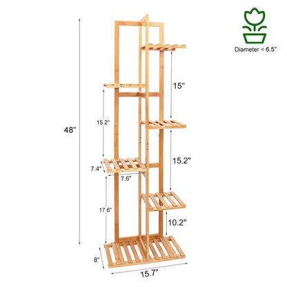 Tall light-brown decorbites 6-tier bamboo plant stand with multiple slatted shelves for indoor outdoor display