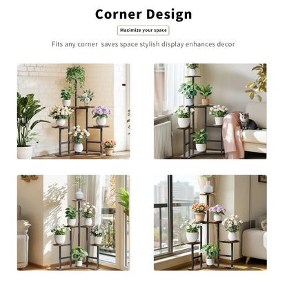 Black metal corner plant stand with six wooden shelves from decorbites for space-saving corner plant display