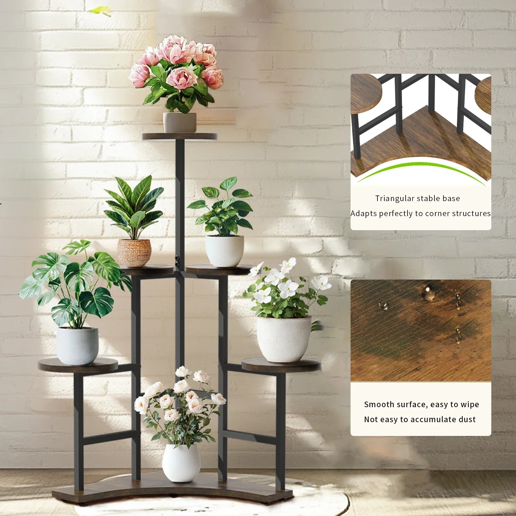 Decorbites™ black metal and wood 6-tier corner plant stand with triangular base for space-saving display