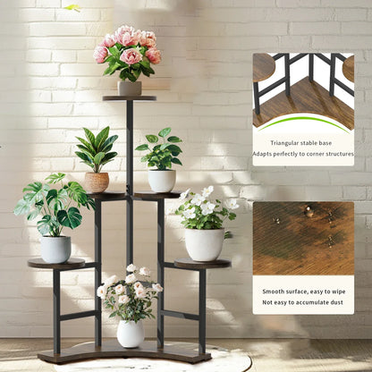 Decorbites™ black metal and wood 6-tier corner plant stand with triangular base for space-saving display