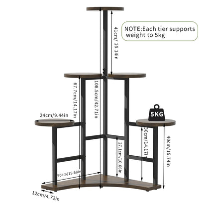 DecorBites 6-tier corner plant stand with black metal frame and dark wood circular shelves for space-saving display