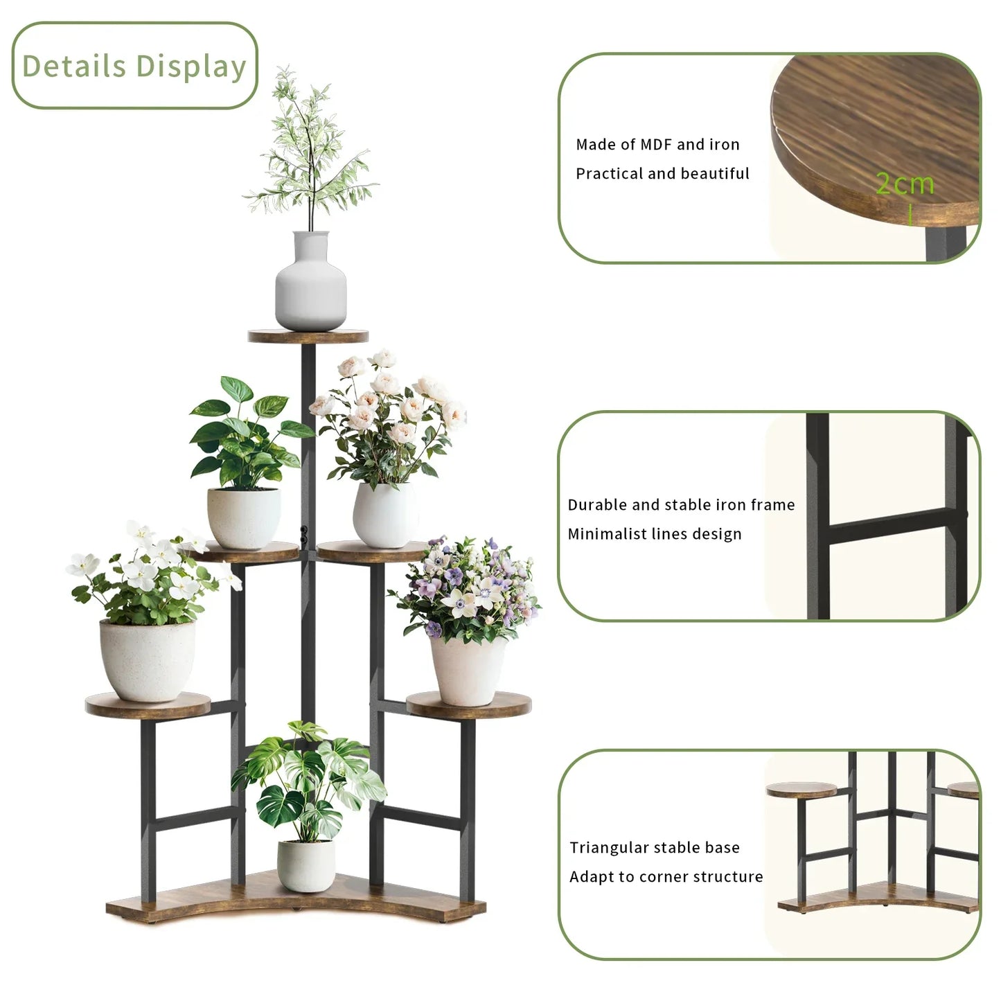 DecorBites 6-tier corner plant stand with dark iron frame and warm wood-toned mdf shelves for space-saving display