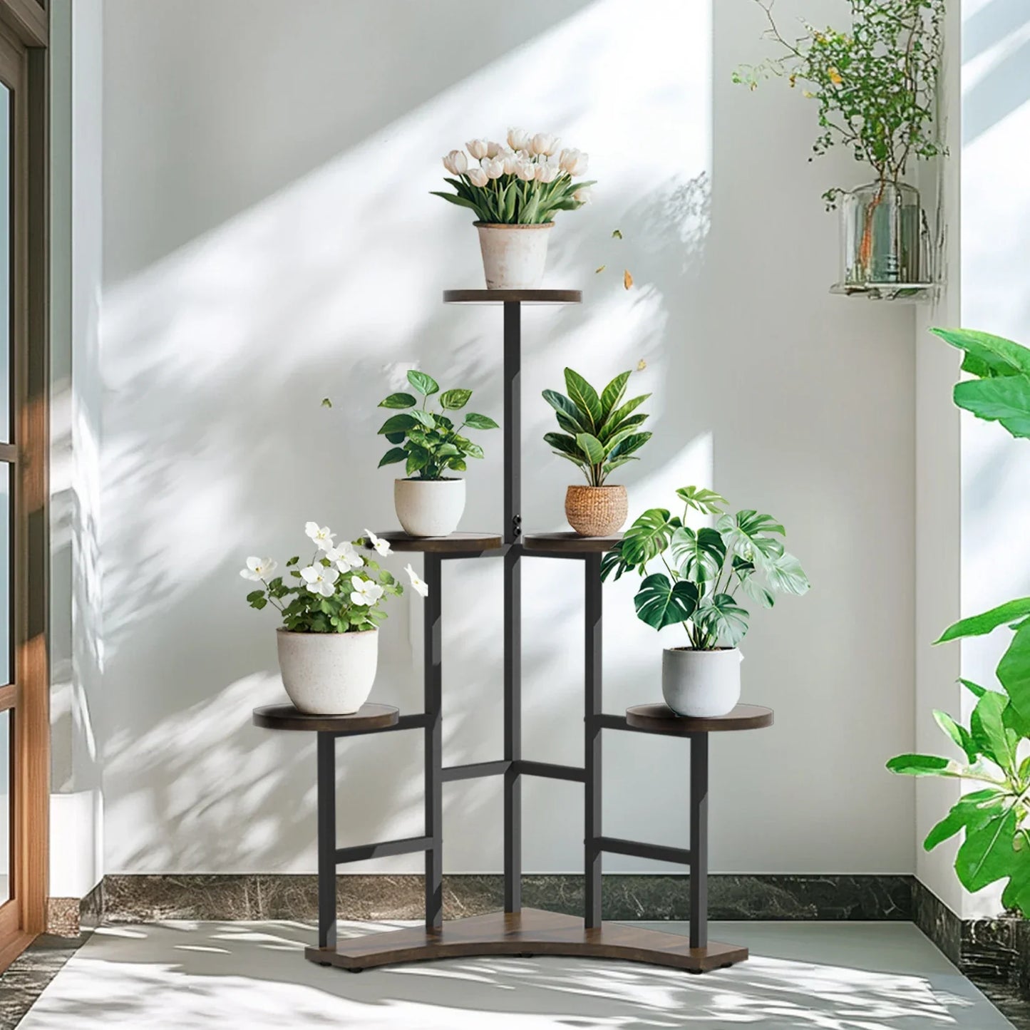 Black metal plant stand with wooden shelves decorbites™ 6-tier corner plant stand for space-saving display