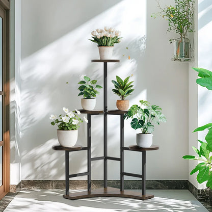 Black metal plant stand with wooden shelves decorbites™ 6-tier corner plant stand for space-saving display