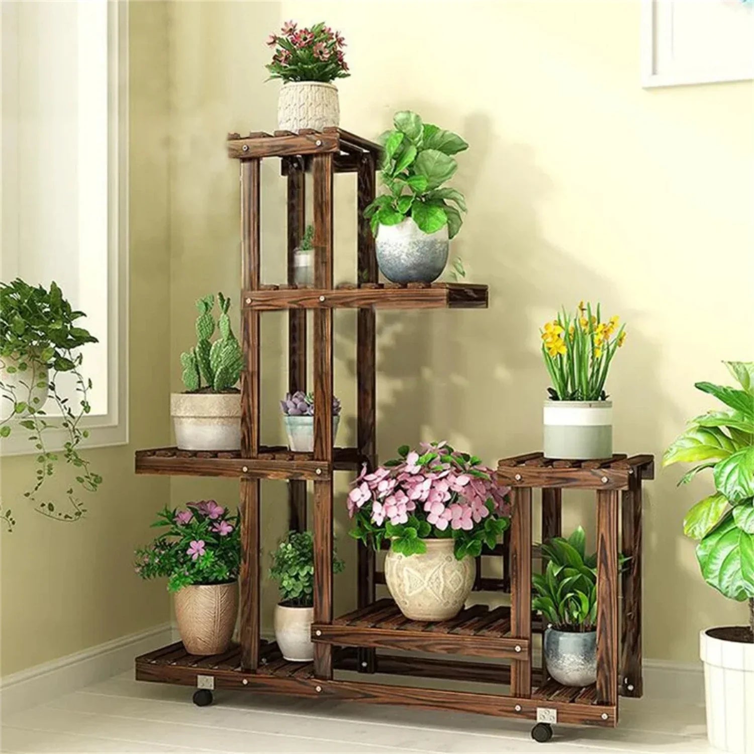 Dark brown wooden plant stand with six shelves and caster wheels for indoor and outdoor use by decorbites