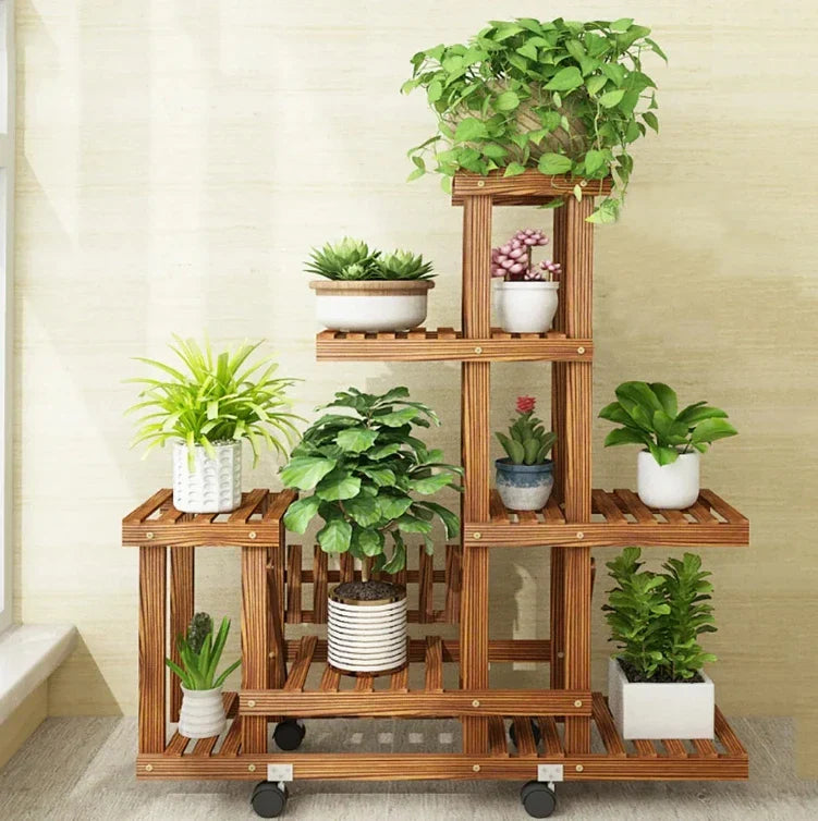 DecorBites™ 6-tier wood plant stand with slatted shelves and black caster wheels for indoor and outdoor use