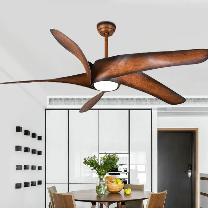 DecorBites 60 inch ceiling fan with remote control features five wide brown wooden blades and integrated LED light