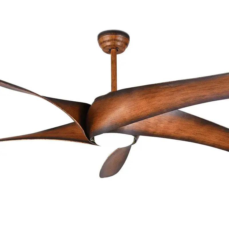 A sleek DecorBites™ ceiling fan with remote control, sculpted brown blades, and LED light in dark wood housing