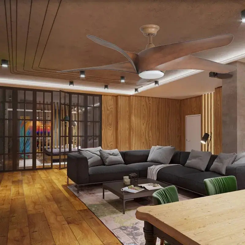 Modern DecorBites ceiling fan with brown wooden blades, central LED light, and remote control for easy operation
