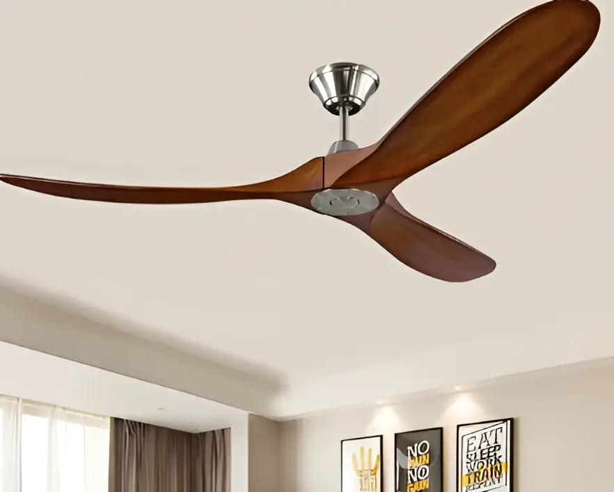 Decorbites 60 inch industrial vintage wood ceiling fan with three rich brown wooden blades, brushed nickel hub, and remote control