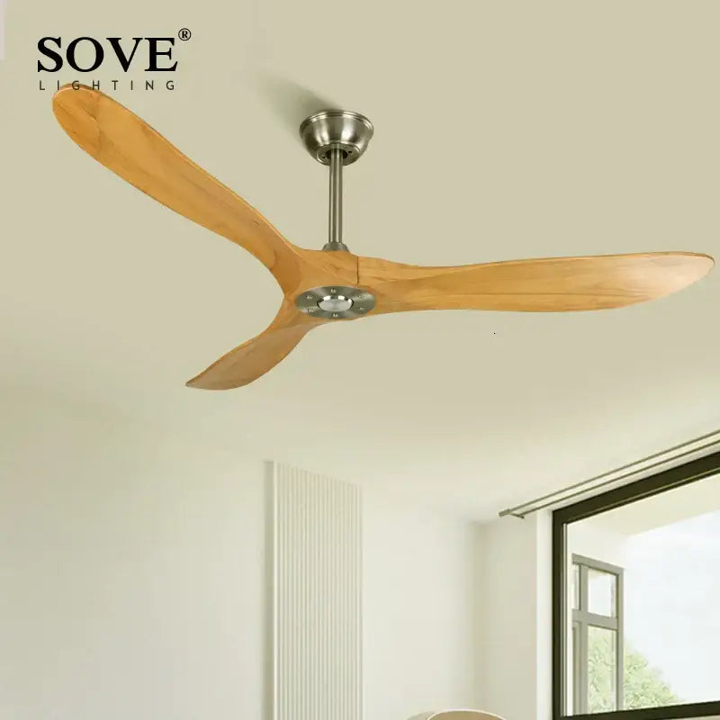 Decorbites 60 inch industrial wooden ceiling fan with three light wooden blades and brushed metal hub with remote control