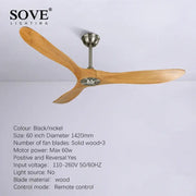 Decorbites 60 industrial wooden ceiling fan with sove lighting and three solid wood blades in black nickel finish