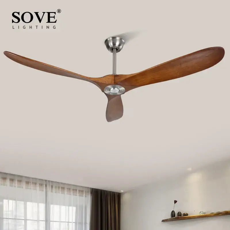 Decorbites 60 inch industrial ceiling fan with three dark brown wooden blades and brushed stainless steel hub