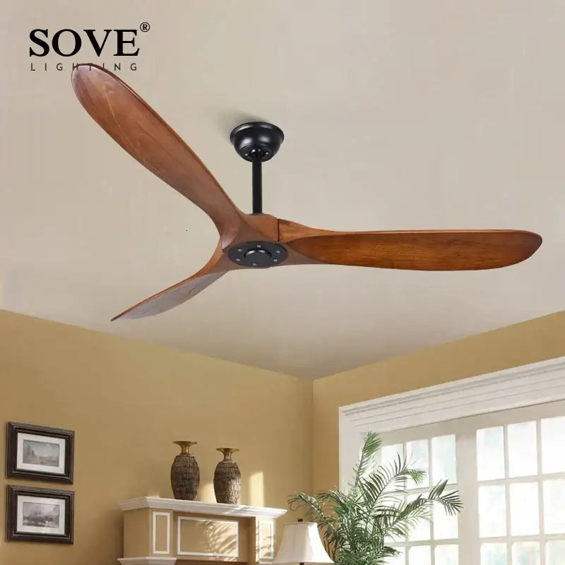 Sove lighting ceiling fan with three wooden blades and black hub in DecorBites 60 inch industrial wooden ceiling fan