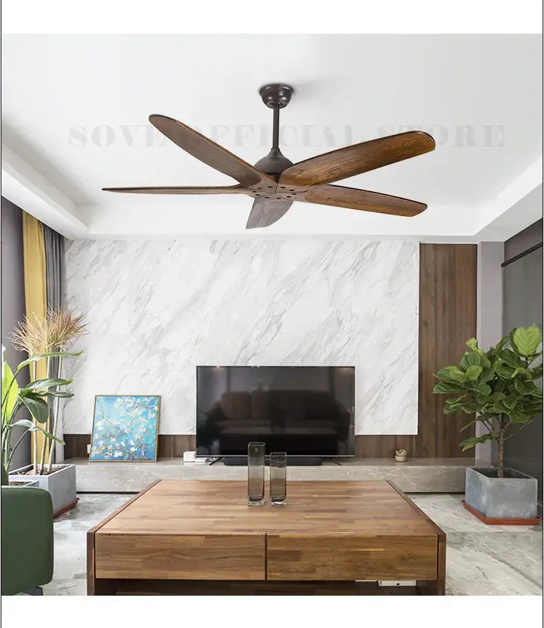 DecorBites 60 inch dark bronze ceiling fan with five solid wood blades and remote control featuring LED light