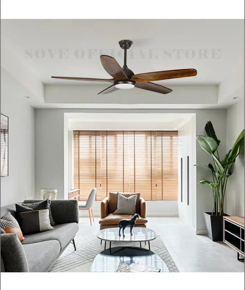 DecorBites 60 inch dark brown solid wood blade ceiling fan with light fixture and remote control 220v