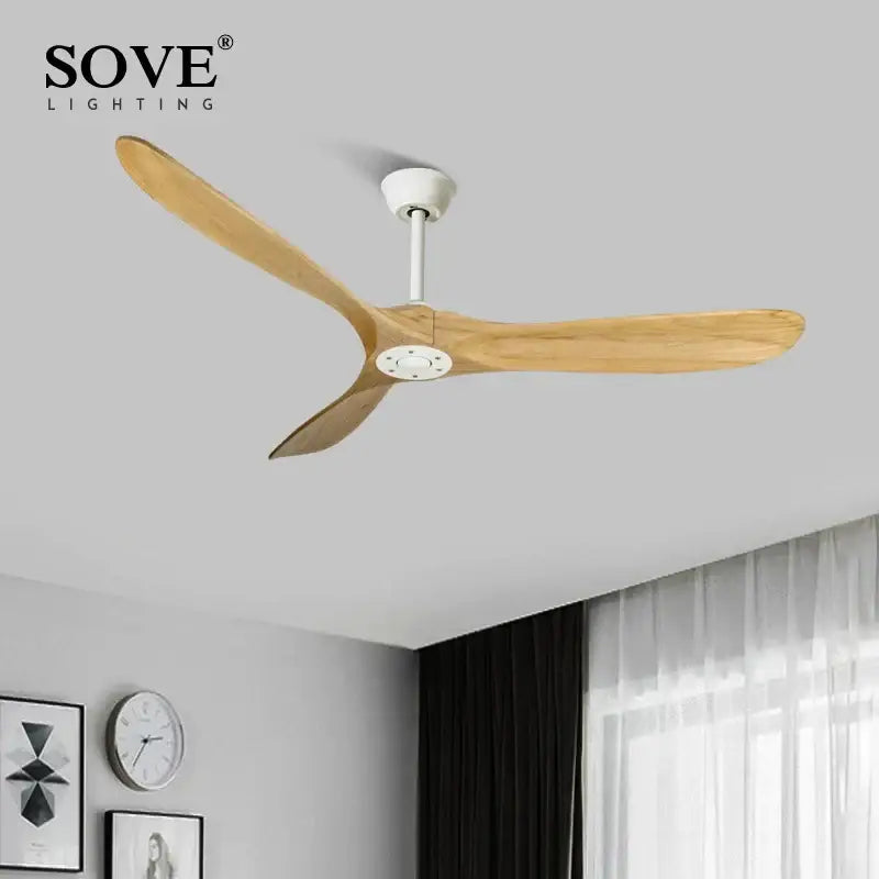 Sove lighting ceiling fan with three light-colored solid wood blades and a white hub in decorbites 60 wood dc ceiling fan
