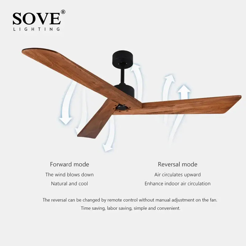 Sove lighting ceiling fan with three wooden blades and black motor housing for living room wood ceiling use