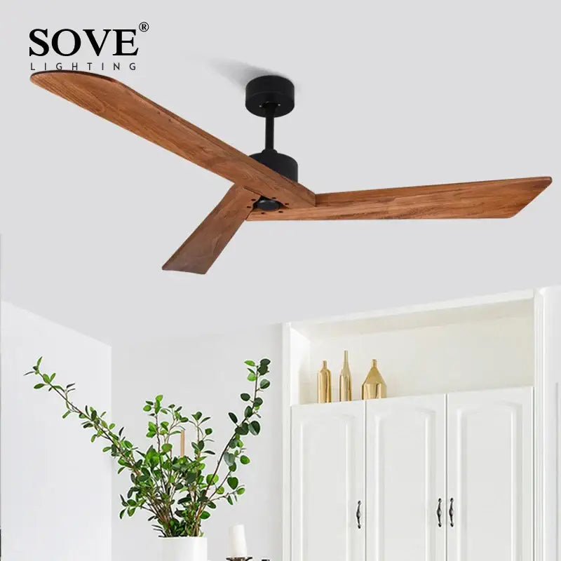 Sove lighting ceiling fan with three wooden blades and black motor housing in decorbites™ 60 inch wood ceiling fan design