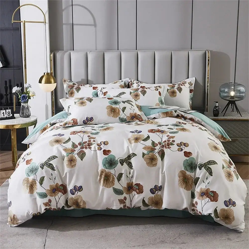 White duvet cover with delicate floral pattern in earthy tones from decorbites 600tc egyptian cotton bedding set