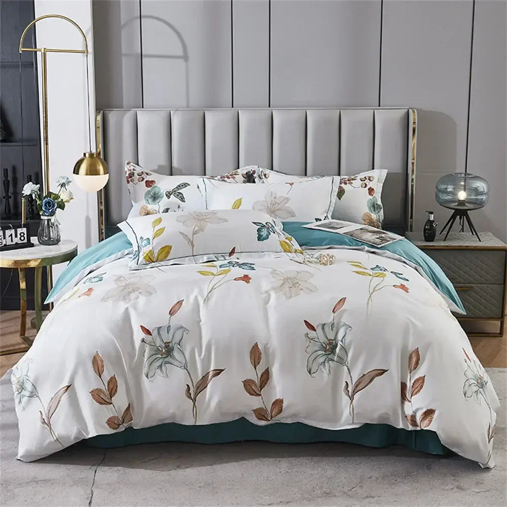 White floral duvet cover with teal accents and botanical print in soft earth tones made from DecorBites™ 600TC Egyptian cotton bedding set